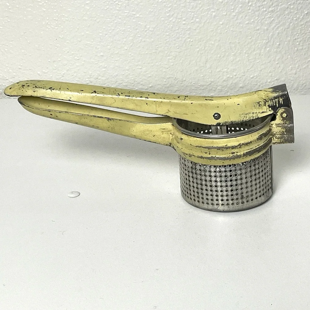 Vintage Potato Ricer Yellow Handle Metal Unmarked Made in USA